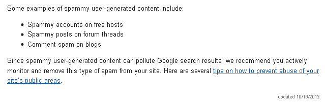 Google's Webmaster Guidelines on "User-Generated" Spam